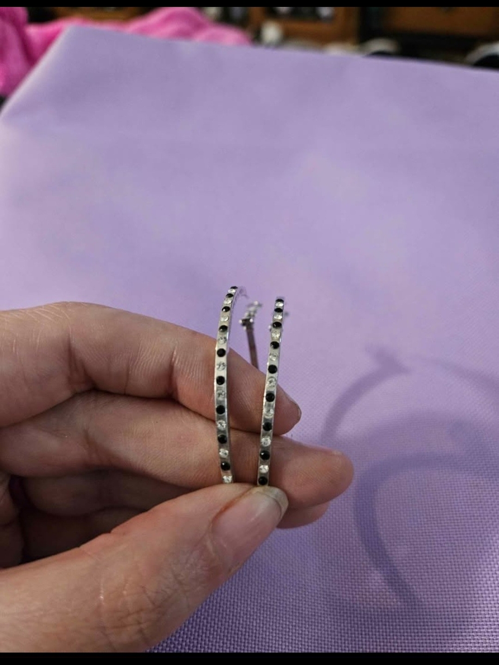 Silver Hoop Earrings with Black Accent Stones
